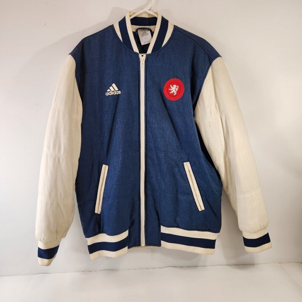 adidas Lyon Soccer Football Varsity Bomber Jacket SAMPLE Mens Large Blue White